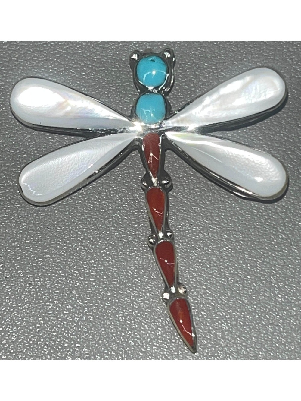 Zuni sterling silver dragonfly coral turquoise mother of pearl pendant/pin